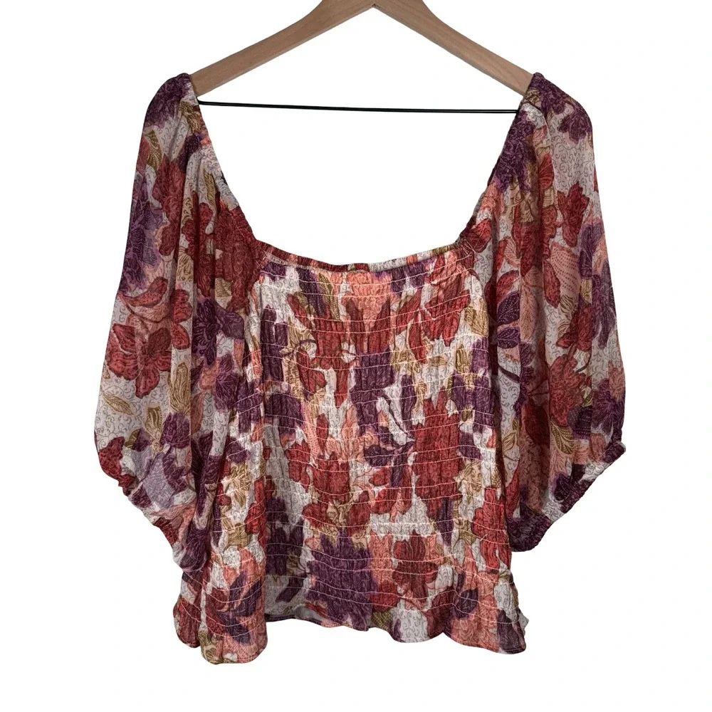 Old Navy Womens 2X Floral Smocked Puff Sleeve‎ Square Neck Blouse Purple Red
